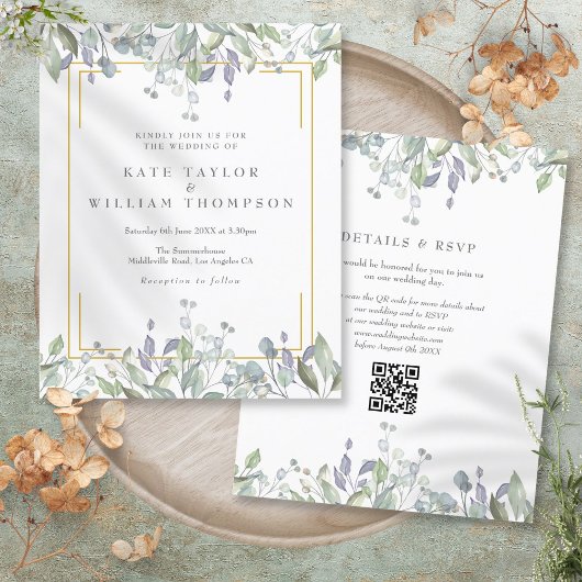 Budget Paarse Bloemencode QR Code Trouwuitnodiging