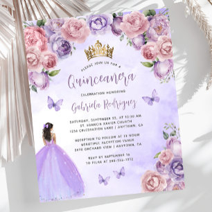 Budget Paarse Blush Bloemige Quinceañera Uitnodigi