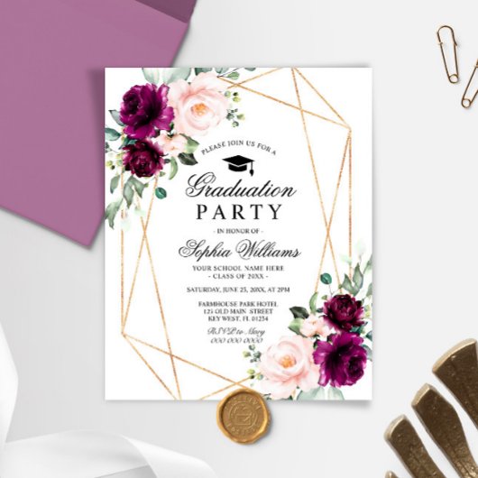 Budget Paarse & Blush Graduation Party Uitnodiging