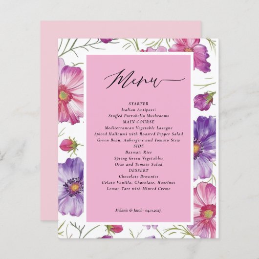 Budget Paarse en Roze Bloemen Wedding Menu Kaart (Voorkant / Achterkant)