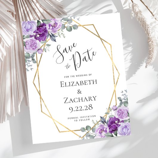 Budget Paarse Floral Gold Wedding Save the Date