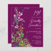 BUDGET Paarse Gele Bloemen 19e Verjaardag Uitnodig (Voorkant / Achterkant)