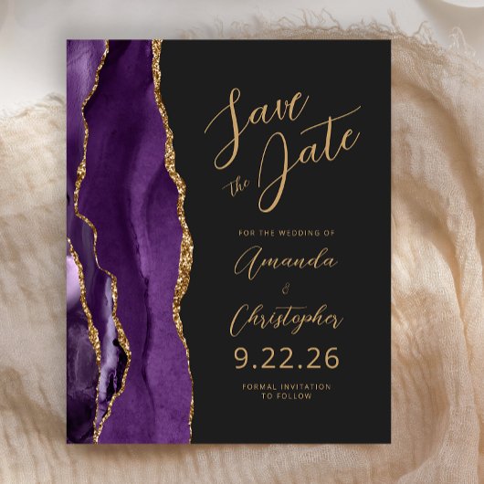 Budget Paarse Gold Agate Script Save the Date