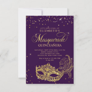 BUDGET Paarse Gouden Masquerade Quinceañera Foto Notitiekaartje