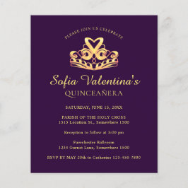 Budget Paarse Gouden Tiara Quinceanera Uitnodiging