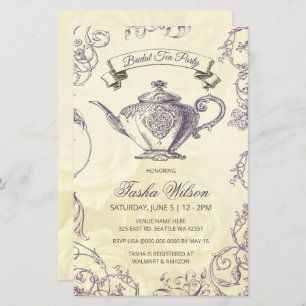 Budget Paarse Ivory Bridal Tea Uitnodiging