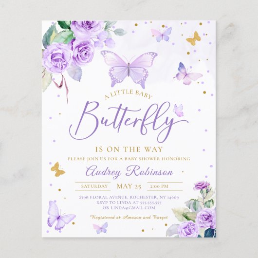 Budget Paarse Little Butterfly Baby shower Invite (Voorkant)