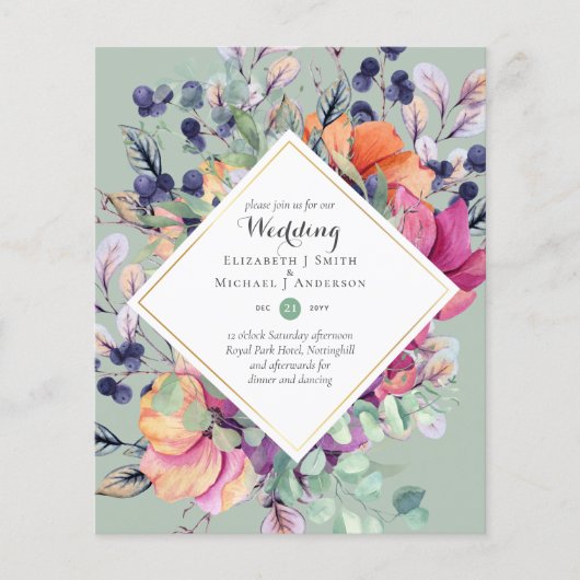 BUDGET Paarse Oranje Floral Wedding Invitations Flyer (Voorkant)