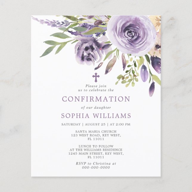 Budget Paarse Roos Bloembevestiging Uitnodiging (Voorkant)