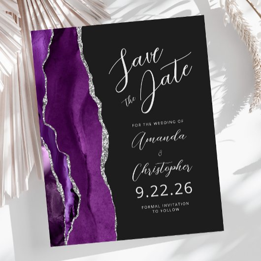 Budget Paarse Silver Agate Script Save the Date