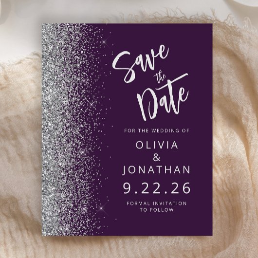 Budget Paarse Silver Script Glitter Save the Date