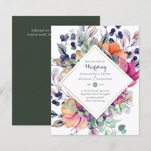 BUDGET Paarse Sinaasappel Bloemige Trouw Uitnodigi (Voorkant / Achterkant)