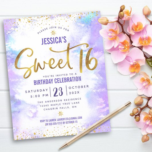Budget Paarse Waterverf Sweet 16 Gold Invitation