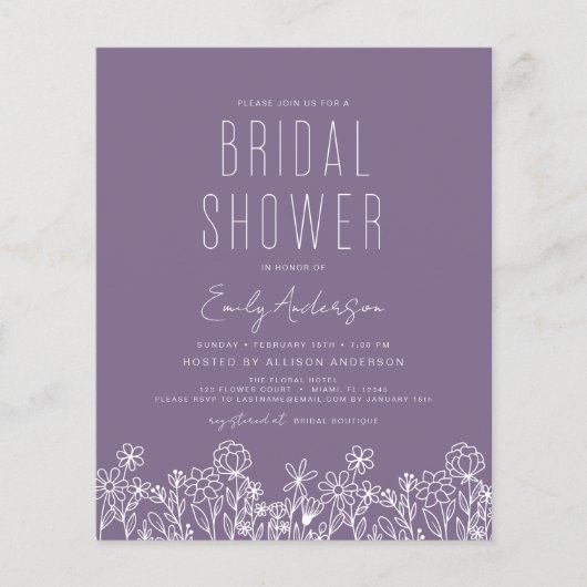 Budget Paarse Wildflower Bridal Shower Invitation Flyer (Voorkant)