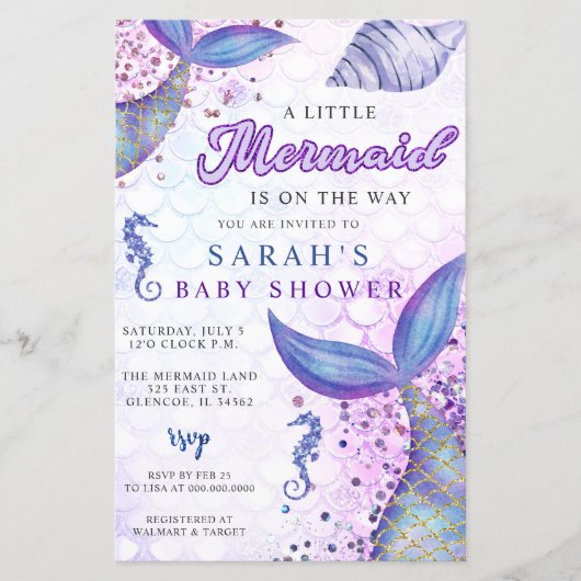 Budget Paarse Zeemeermin Baby shower Invitation (Voorkant)