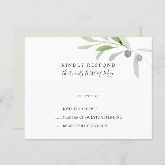 BUDGET Painé Olive feuille branche Mariage RSVP (Devant / Derrière)