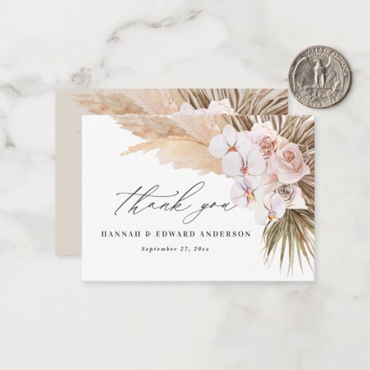 budget Pampas gras modern boho bruiloft bedankt Notitiekaartje (Voorkant / Achterkant in situ)