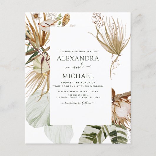 Budget Pampas Grass Bohemian Boho Tropical Wedding Flyer (Voorkant)