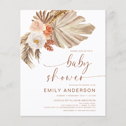 Budget Pampas Grass Boho Desert Baby shower Flyer (Voorkant)