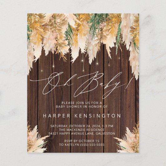 Budget Pampas Grass Wood Baby shower Uitnodiging (Voorkant)