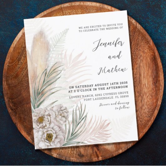 Budget Pampas & White Floral Wedding Invitation