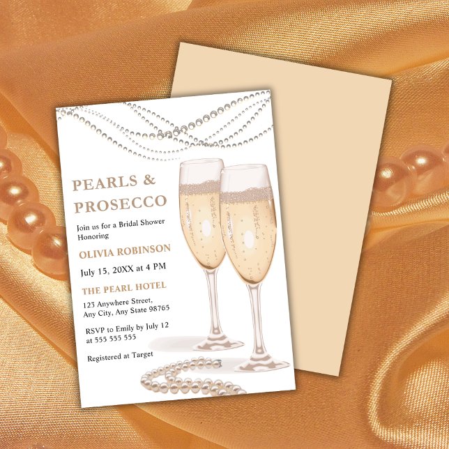 Budget Parels & Prosecco Bridal Shower Uitnodiging (Budget Modern Elegant Pearls and Prosecco Bridal Shower Invitation  )