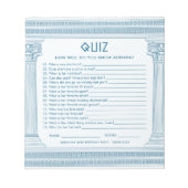 Budget party quiz met Griekse tempel in het blauw Notitieblok (Voorkant)