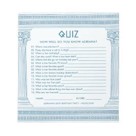 Budget party quiz met Griekse tempel in het blauw Notitieblok