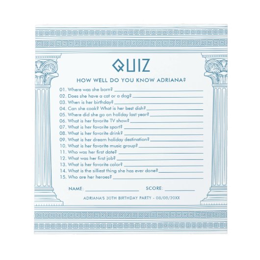 Budget party quiz met Griekse tempel in het blauw Notitieblok (Voorkant)