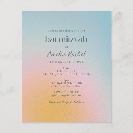 Budget Pastel Blau Verlopend Bat Mitzvah Uitnodigi (Voorkant)