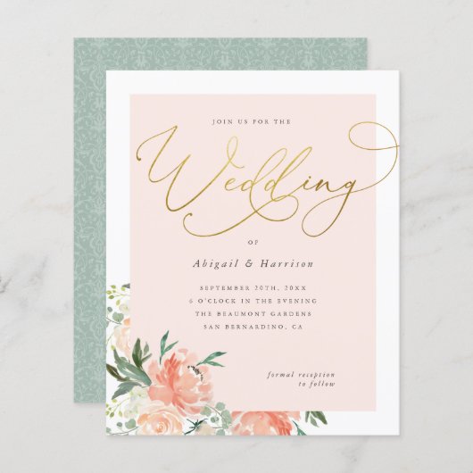 Budget Peach Blush & Gold Script Floral Weduwen (Voorkant / Achterkant)