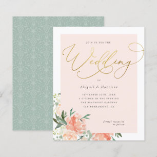Budget Peach Blush & Gold Script Floral Weduwen