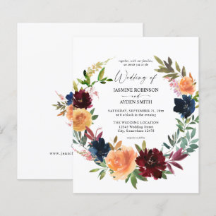 Budget Peach, Burgundy & Navy Herfst Floral Weddin