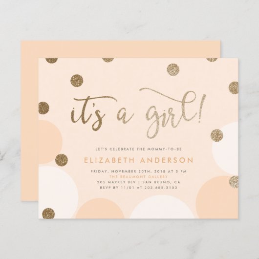 Budget Peach & Gold Confetti Girl Baby shower (Voorkant / Achterkant)