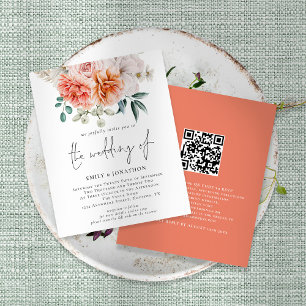 Budget Peach Peonies Floral QR Code Weduwen Uitnod