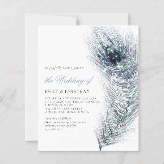 Budget Peacock Feather QR Code Weddenschap Uitnodi (Voorkant)