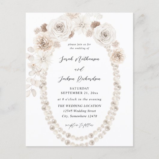 Budget Pearls & White Floral Wedding Flyer (Voorkant)