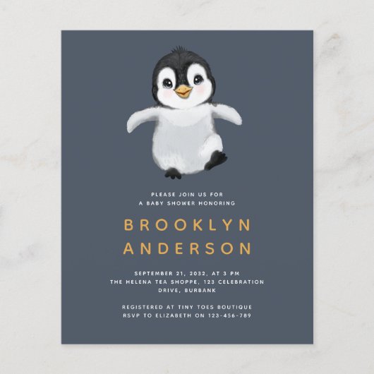 BUDGET Penguin Baby shower Uitnodiging (Voorkant)
