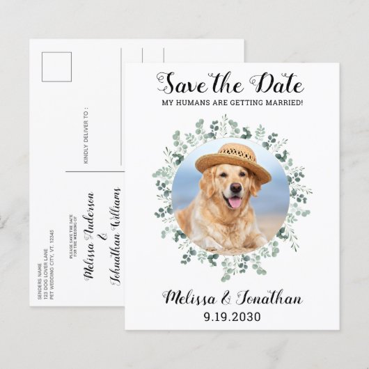 Budget Pet Dog Wedding Eucalyptus Save the Date (Voorkant / Achterkant)