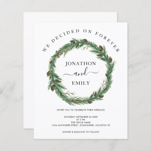 Budget Pine Wreate Kerstbruiloft Uitnodiging (Voorkant / Achterkant)