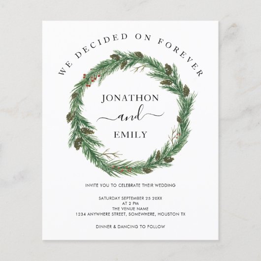 Budget Pine Wreate Kerstbruiloft Uitnodiging (Voorkant)