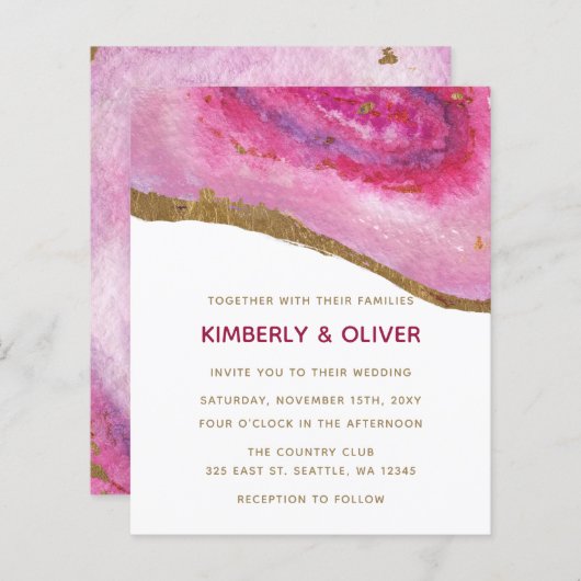Budget Pink and Gold Agate Wedding Invitation (Voorkant / Achterkant)