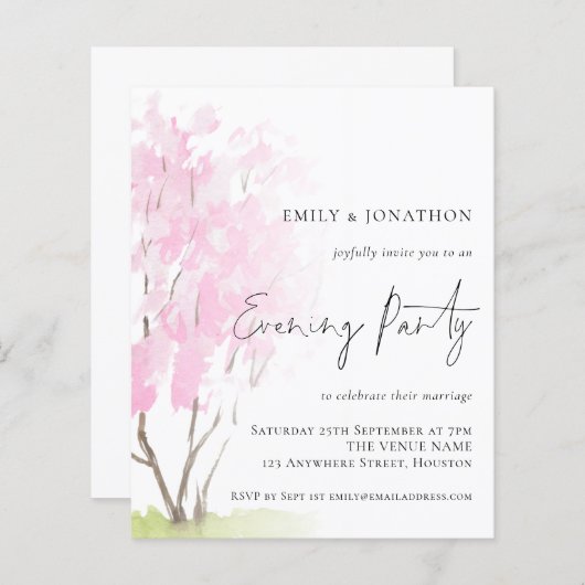 Budget Pink Blossom Wedding Evening Party Invite (Voorkant / Achterkant)