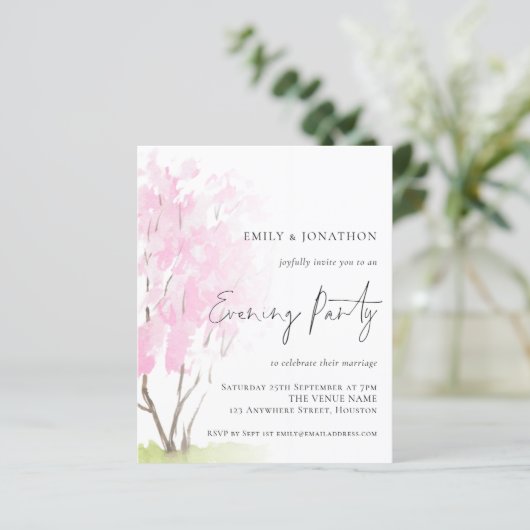 Budget Pink Blossom Wedding Evening Party Invite (Staand voorkant)