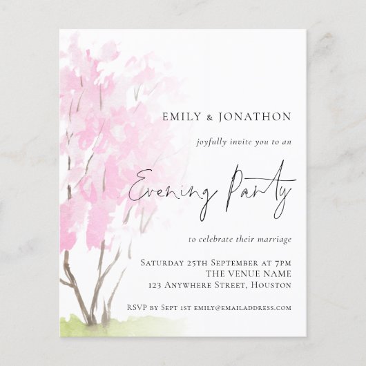Budget Pink Blossom Wedding Evening Party Invite (Voorkant)