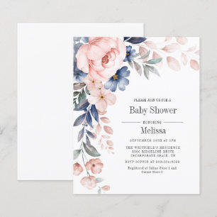 Budget Pink Blue Floral Baby shower Uitnodiging