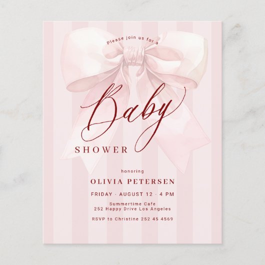Budget pink bow girl baby shower invitation flyer (Voorkant)