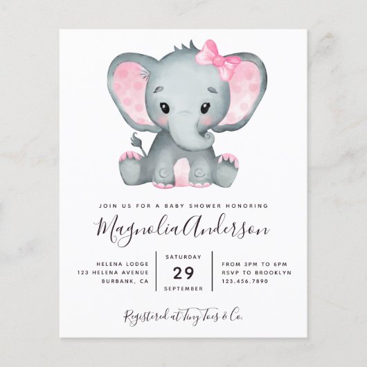 BUDGET Pink Elephant Baby shower Uitnodiging (Voorkant)