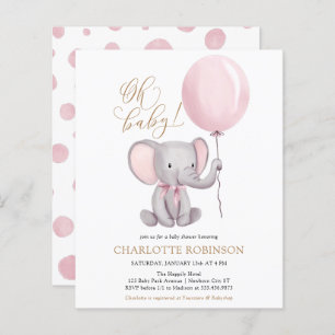 Budget Pink Elephant Girl Baby shower Uitnodiging