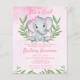 Budget Pink Elephant Girl Baby shower Uitnodiging